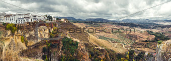 Panoramic view of old city of Ronda and surrounding countryside.