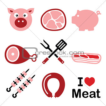 Pig, pork meat - pink ham and bacon icons set