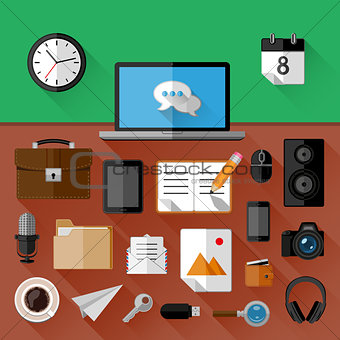 Concept of workplace. Flat icons