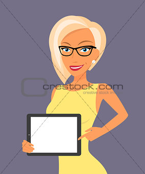 Blonde woman showing something displayed on tablet pc.