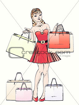 Halftone shopping woman
