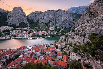 Aerial View on Omis Old Town and Cetina River Gorge, Dalmatia, C