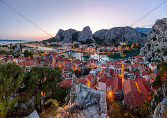 Aerial Panorama of Omis and Cetina River Gorge in the Evening, D