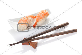 Shrimp sushi and chopsticks