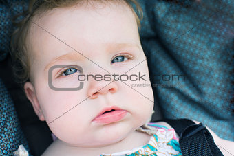 Close up of blue eyed baby looking at viewer