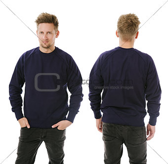 Man posing with blank dark purple sweatshirt