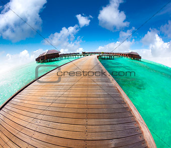beautiful maldives  beach and water villa with fish-eye lens