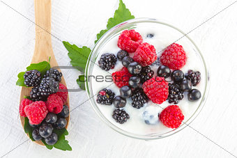 Yogurt with forest berries in a bowl