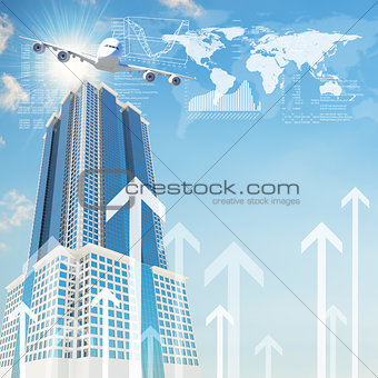 Airplane with background of skyscraper and arrows