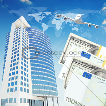Airplane with background of skyscrapers and money