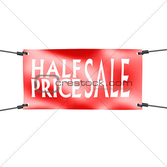 Banner half price sale with four ropes on the corner