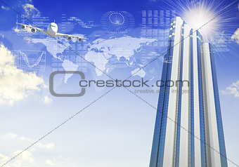 Airplane with background of skyscrapers and graphs