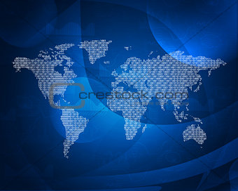 Glowing figures and world map. Hi-tech background