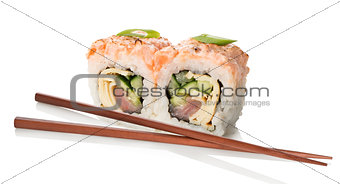 Two sushi with chopsticks