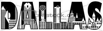 Dallas City Skyline Text Outline Black and White Illustration