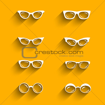 Flat design eyeglasses vector set with shadows