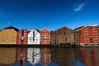 Colorful houses on the water, Trondheim, Norway