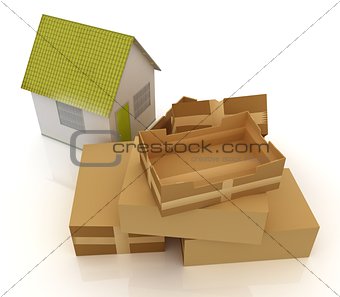 Cardboard boxes and house 