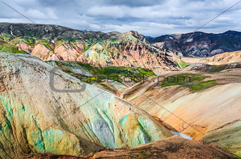 Scenic landscape view of Landmannalaugar colorful volcanic mount