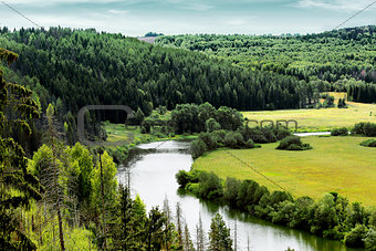 scenery with pine forest, river and fields