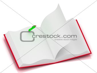 Open notepad in red cover with a one green pen