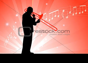Trumpet Musician on Red Background with Notes