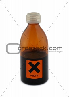 small glass bottle with harmful sign