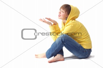 girl siting and looking on the her open palm
