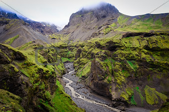 Landscape view of Thorsmork mountains canyon and river, Iceland