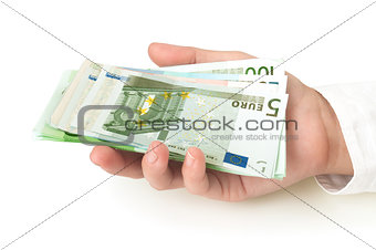 Male hand holding a new 5 Euro bill isolated on white