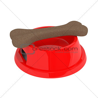 Dog food in red bowl isolated on white