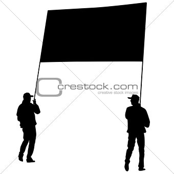 Black silhouettes of men carrying a banner on a white background