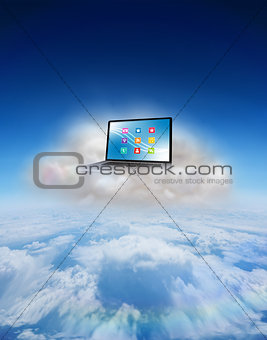 Composite image of laptop on floating cloud