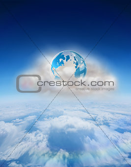 Composite image of earth on floating cloud