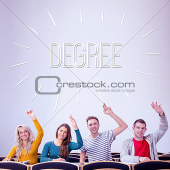 Degree against college students raising hands in the classroom