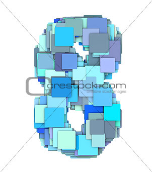 3d multiple blue tiled number eight 8 fragmented on white
