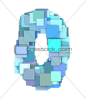 3d multiple blue tiled number zero 0 fragmented on white 