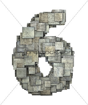 3d gray tile six 6 number fragmented on white 