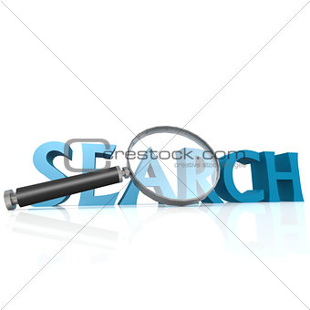 Magnifying glass with blue search word