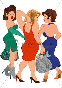 Three cartoon women with bags talking after shopping