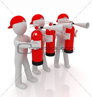 3d mans with red fire extinguisher 