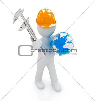 3d man engineer in hard hat with vernier caliper and Earth