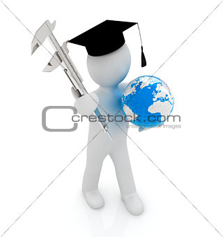 3d man in graduation hat with Earth and vernier caliper 