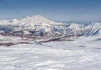 View of Nalychevo Nature Park and Zhupanovsky volcano. Kamchatka