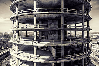 High-rise building under construction, black and white image