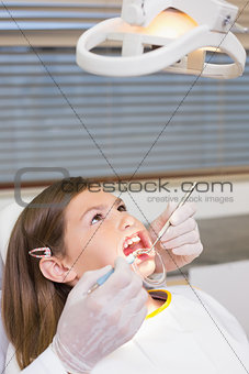 Dentist using mouth retractor on little girl