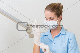 Dental assistant in mask pulling on gloves