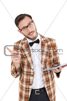Happy nerd holding tablet pc and pointing