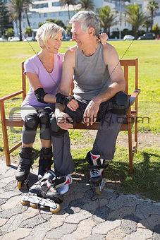 Active senior couple ready to go rollerblading