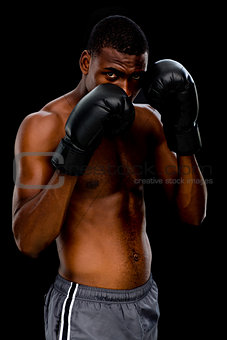 Portrait of a shirtless muscular boxer in defensive stance